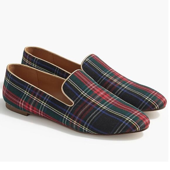 J. Crew Plaid Smoking Loafers Stewart Tartan Black Red Sz 10.5 Flats Slip-on - Picture 1 of 8